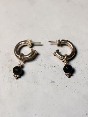 Sterling Silver Hoop Earrings with Black Onyx Bead Dangles Brand New